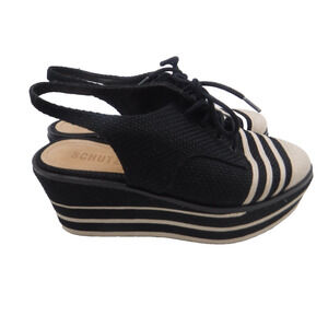 Schutz Women's Chunky Platform Shoes Black White Lace Top Sling Back Sz 7.5B Y2K